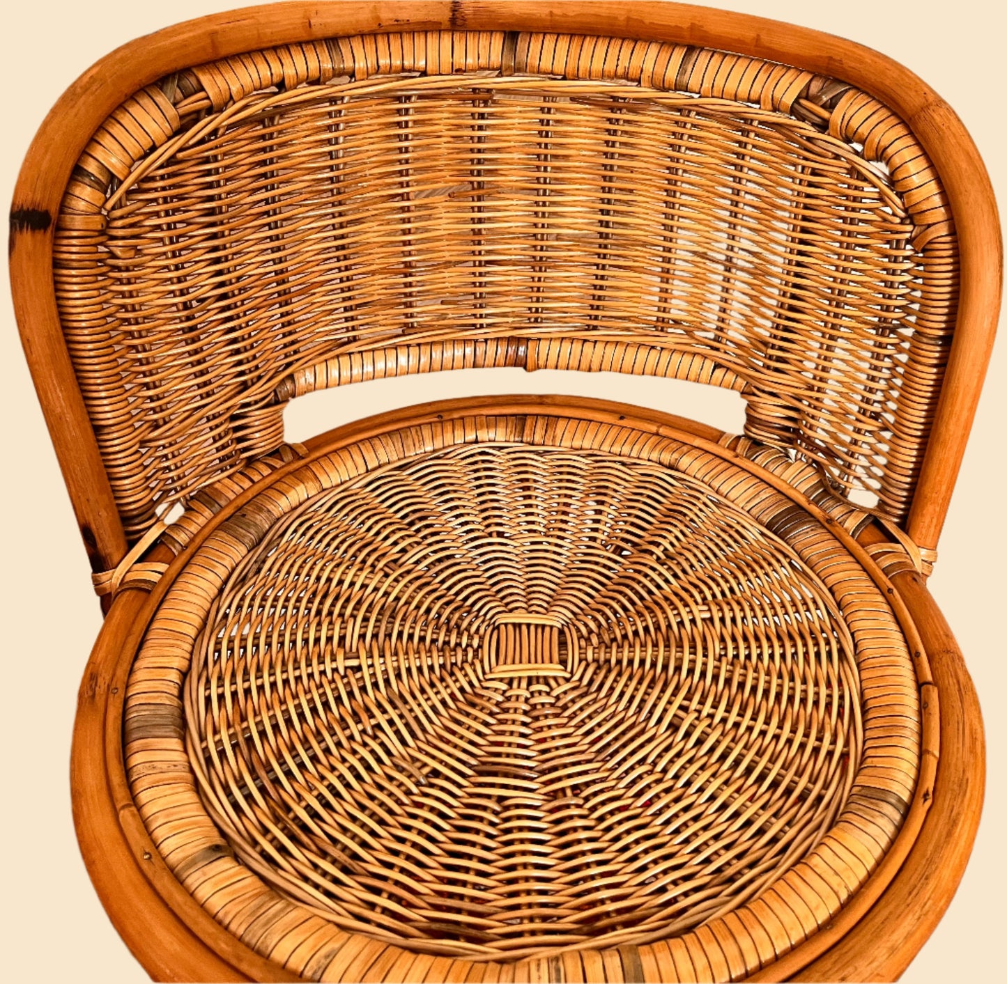 A pair of Vintage Mid Century Circular Franco Albini Style Bamboo Rattan Chair on Metal Frame Legs