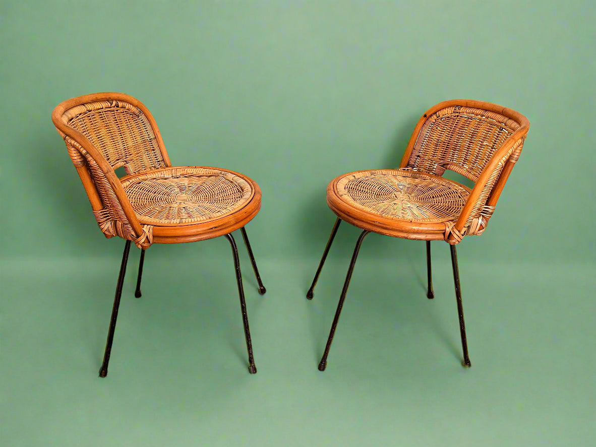 A pair of Vintage Mid Century Circular Franco Albini Style Bamboo Rattan Chair on Metal Frame Legs