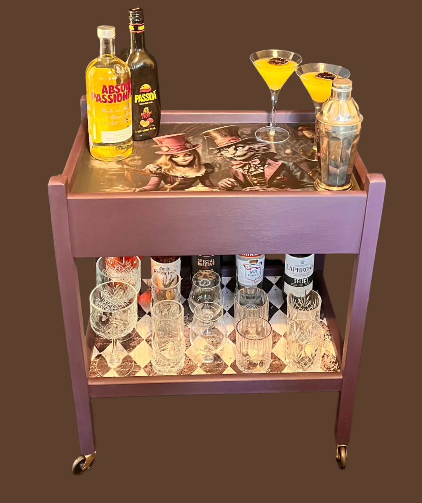 1930’s Antique Painted Oak Drinks/Tea Trolly in a whimsical Alice in wonderland style