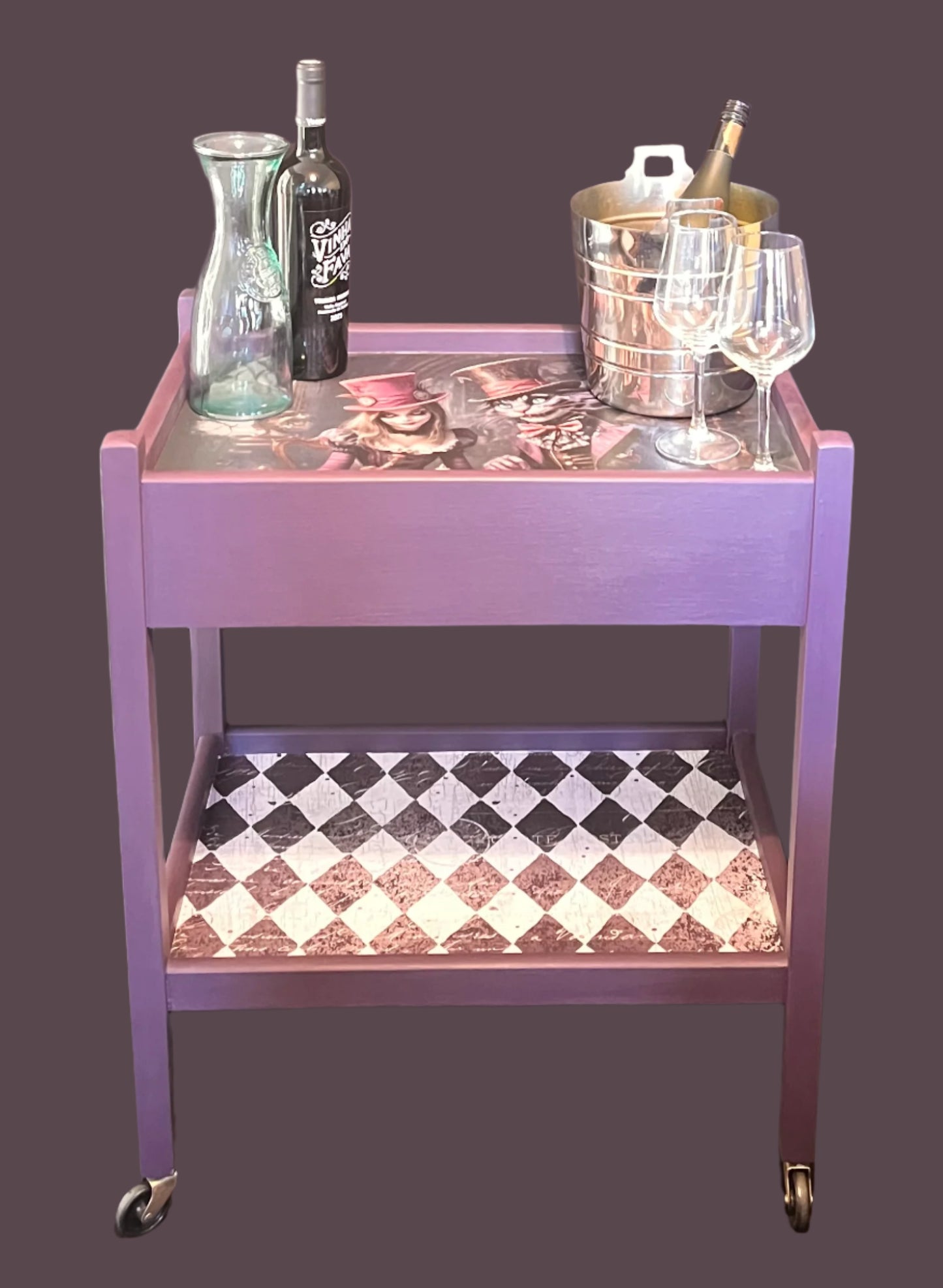 1930’s Antique Painted Oak Drinks/Tea Trolly in a whimsical Alice in wonderland style