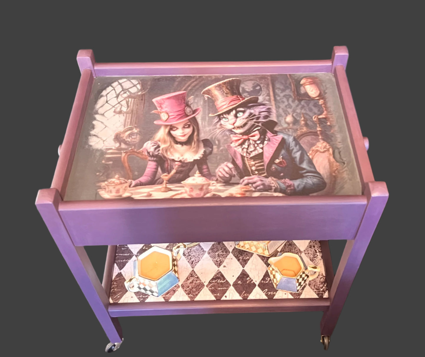 1930’s Antique Painted Oak Drinks/Tea Trolly in a whimsical Alice in wonderland style