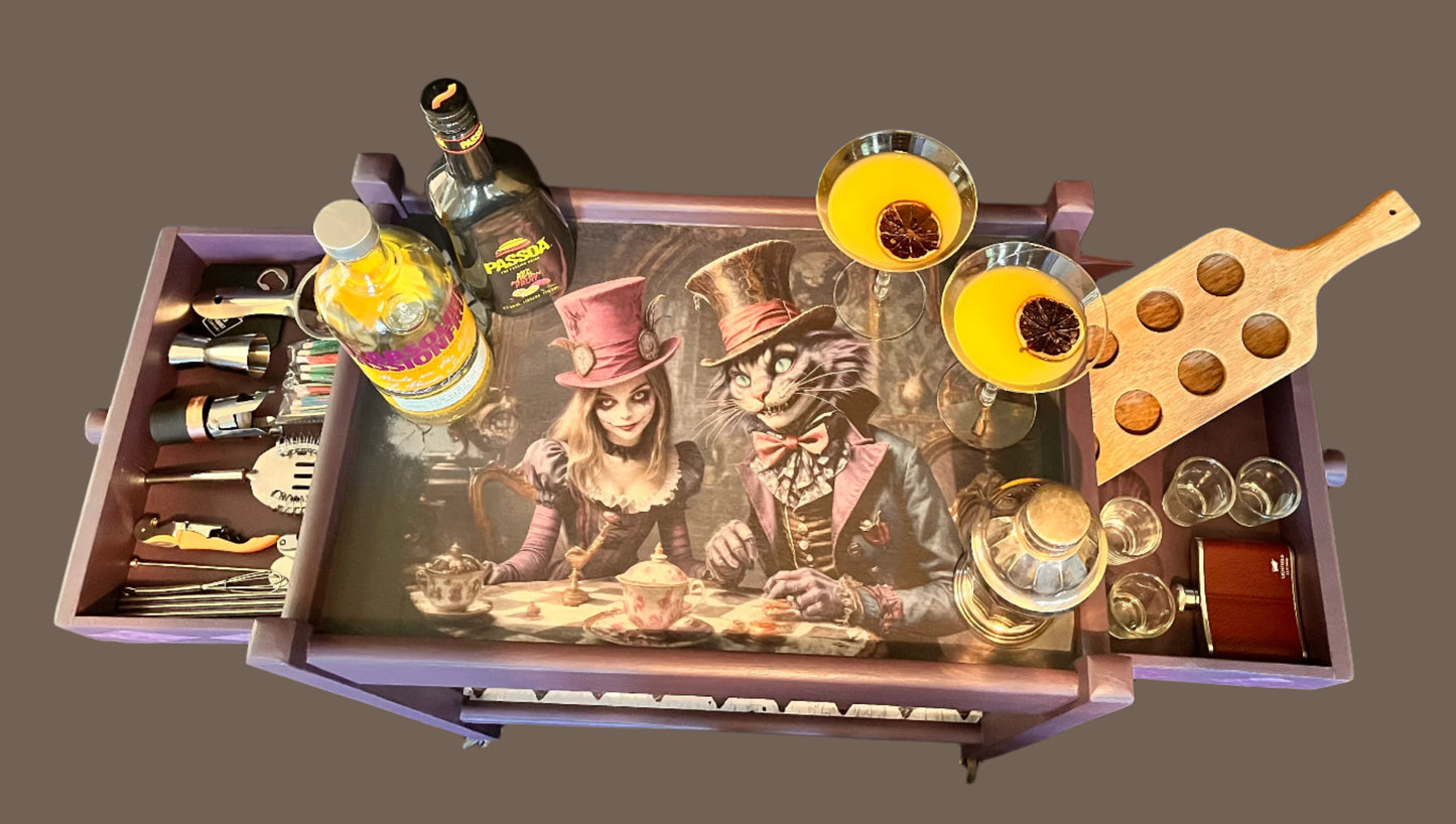 1930’s Antique Painted Oak Drinks/Tea Trolly in a whimsical Alice in wonderland style