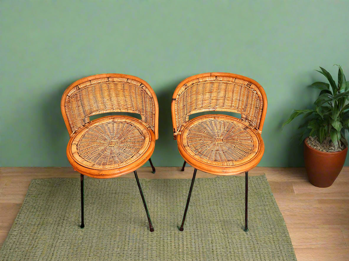 A pair of Vintage Mid Century Circular Franco Albini Style Bamboo Rattan Chair on Metal Frame Legs