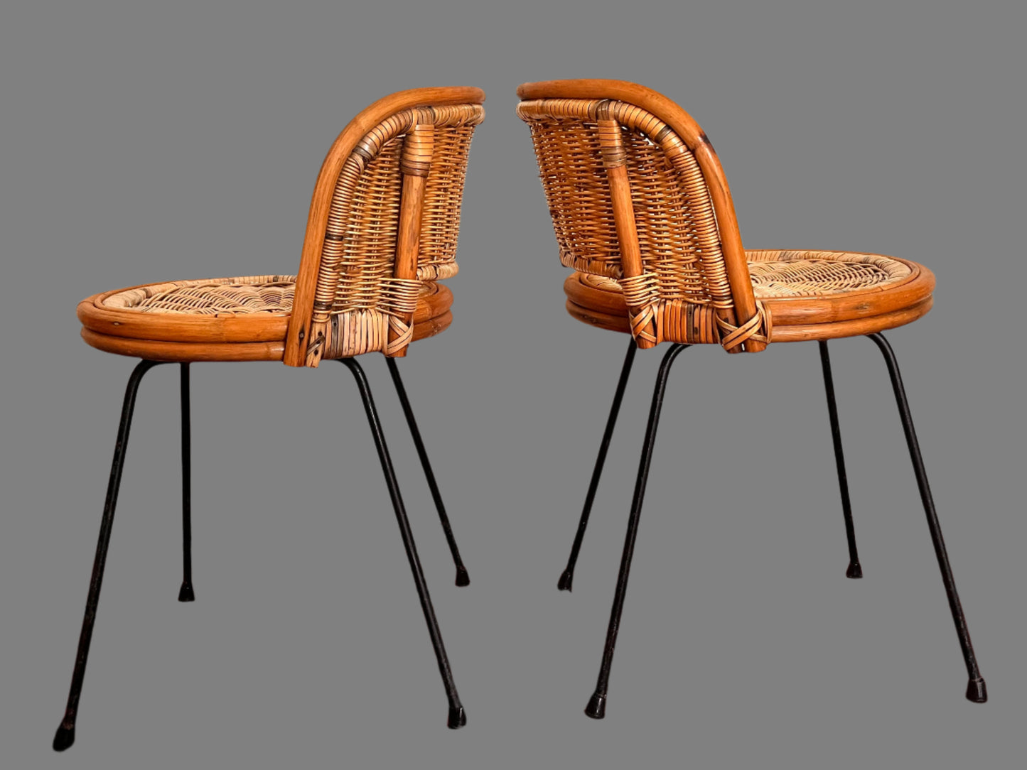 A pair of Vintage Mid Century Circular Franco Albini Style Bamboo Rattan Chair on Metal Frame Legs