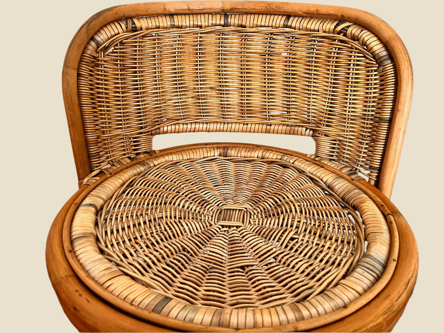 A pair of Vintage Mid Century Circular Franco Albini Style Bamboo Rattan Chair on Metal Frame Legs