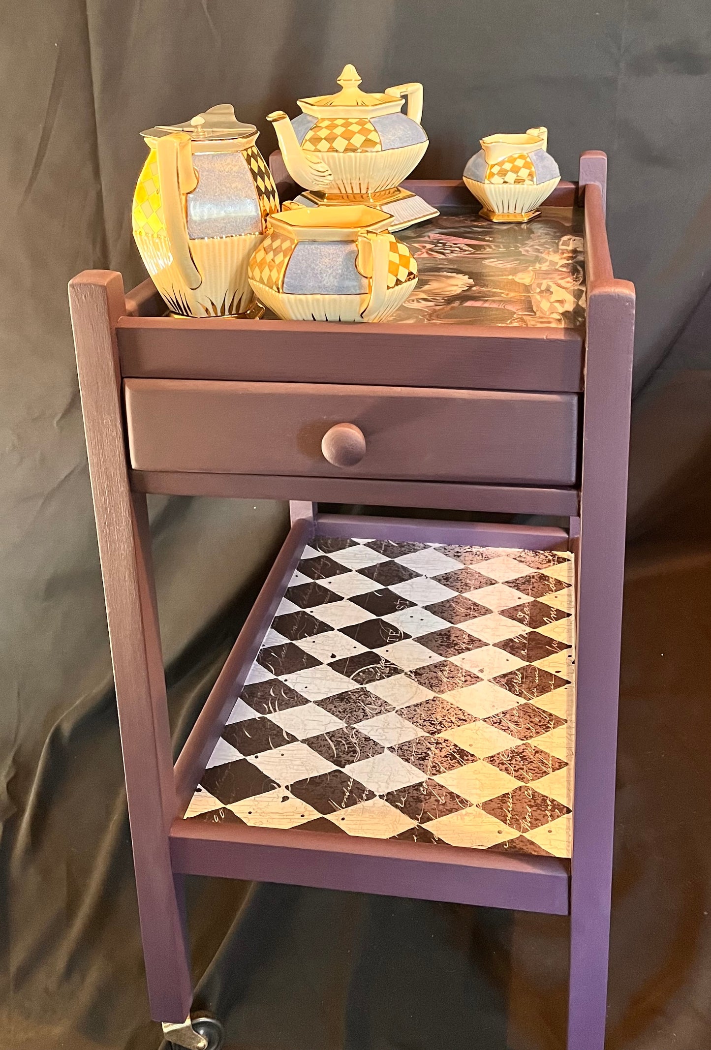 1930’s Antique Painted Oak Drinks/Tea Trolly in a whimsical Alice in wonderland style