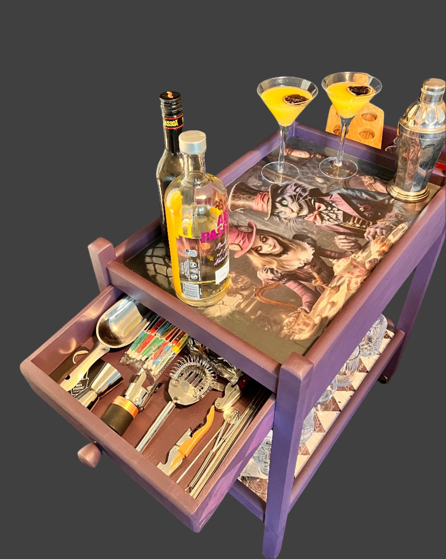 1930’s Antique Painted Oak Drinks/Tea Trolly in a whimsical Alice in wonderland style