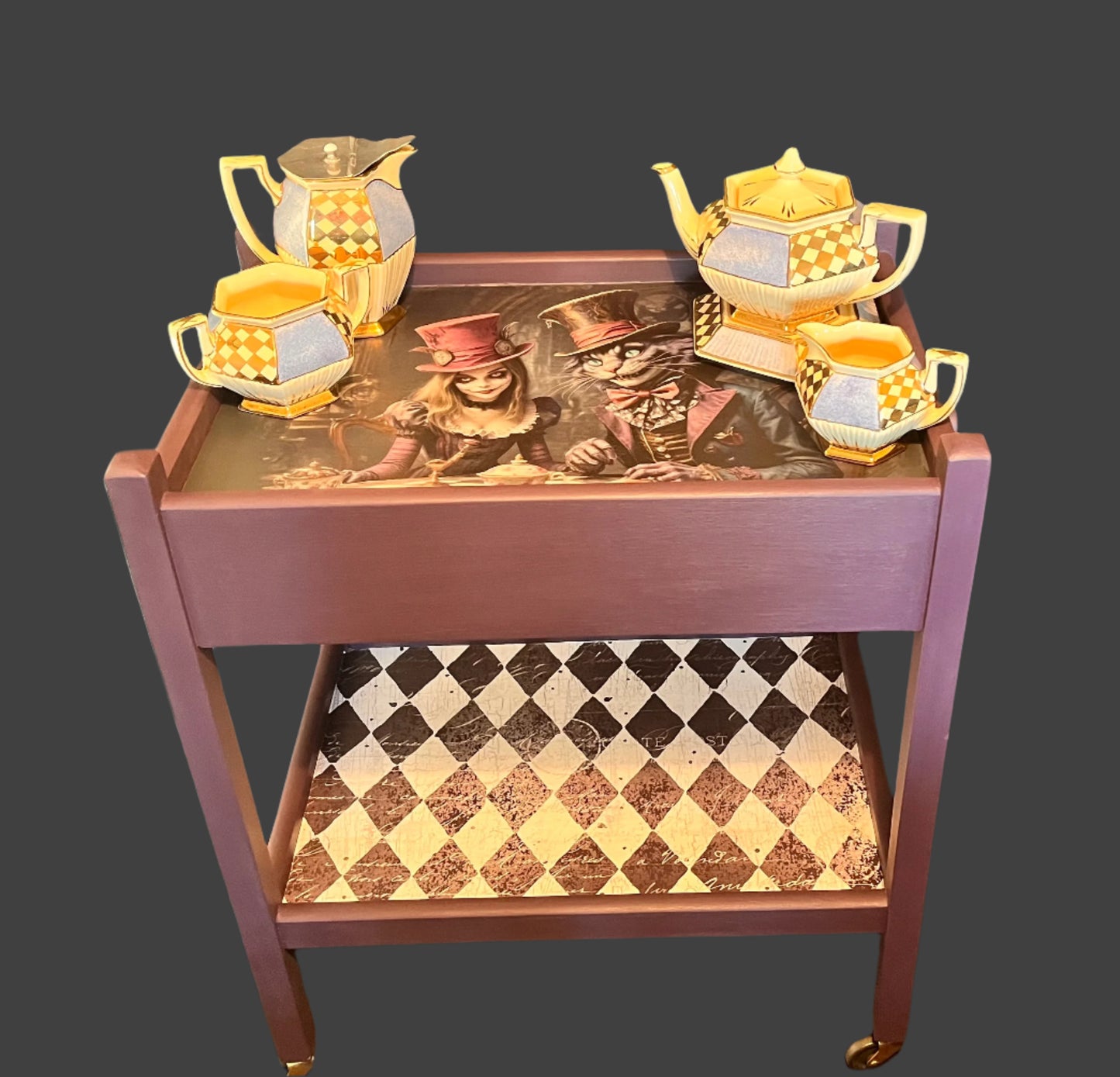 1930’s Antique Painted Oak Drinks/Tea Trolly in a whimsical Alice in wonderland style