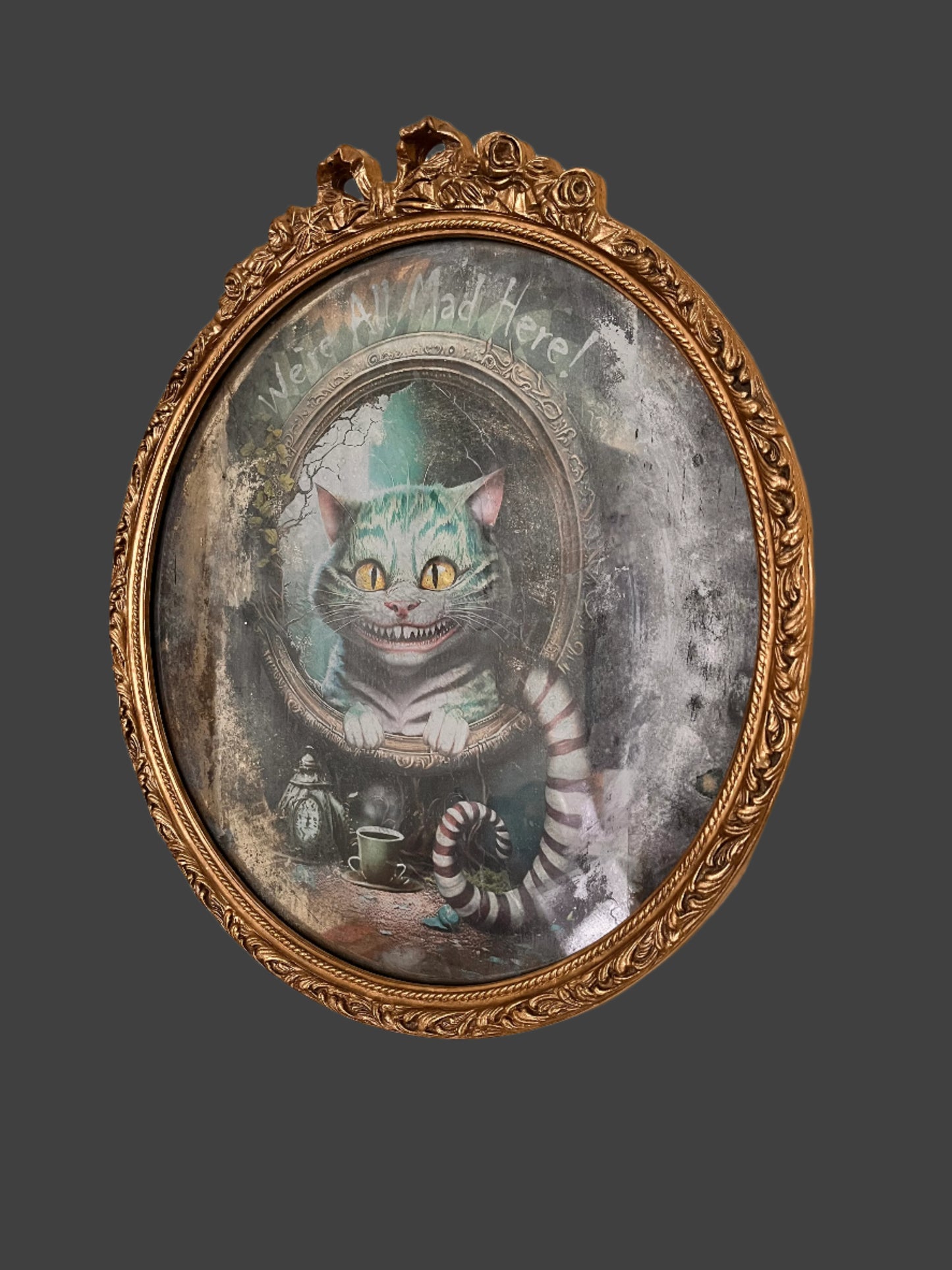 Antique Gold framed mirror with Alice in Wonderland Cheshire Cat decoupage