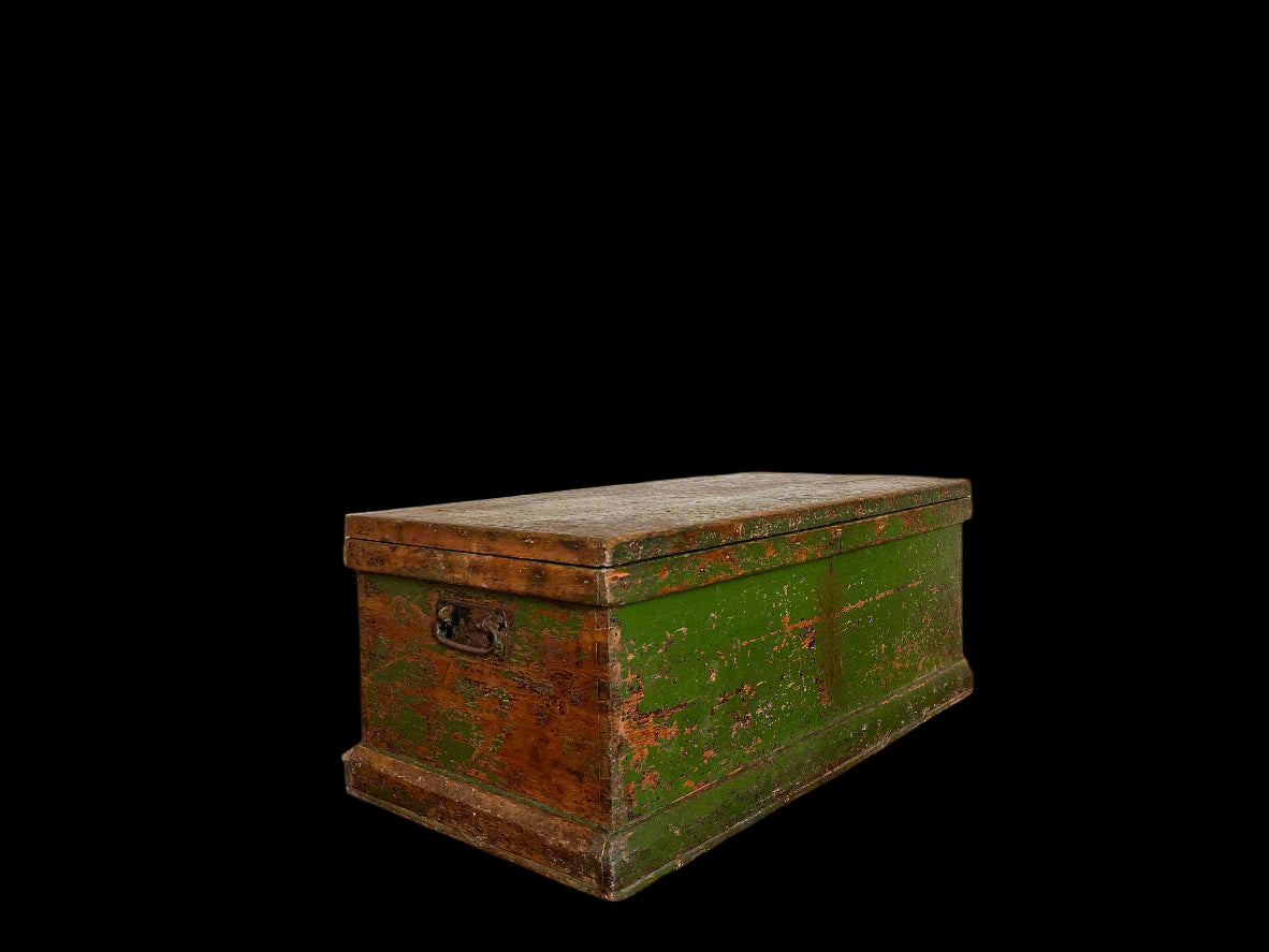 Antique Pine Blanket Box with rustic green paint