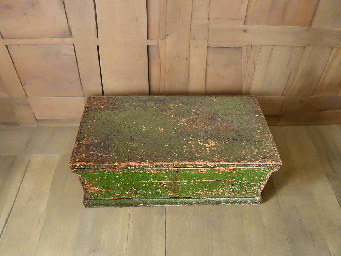 Antique Pine Blanket Box with rustic green paint
