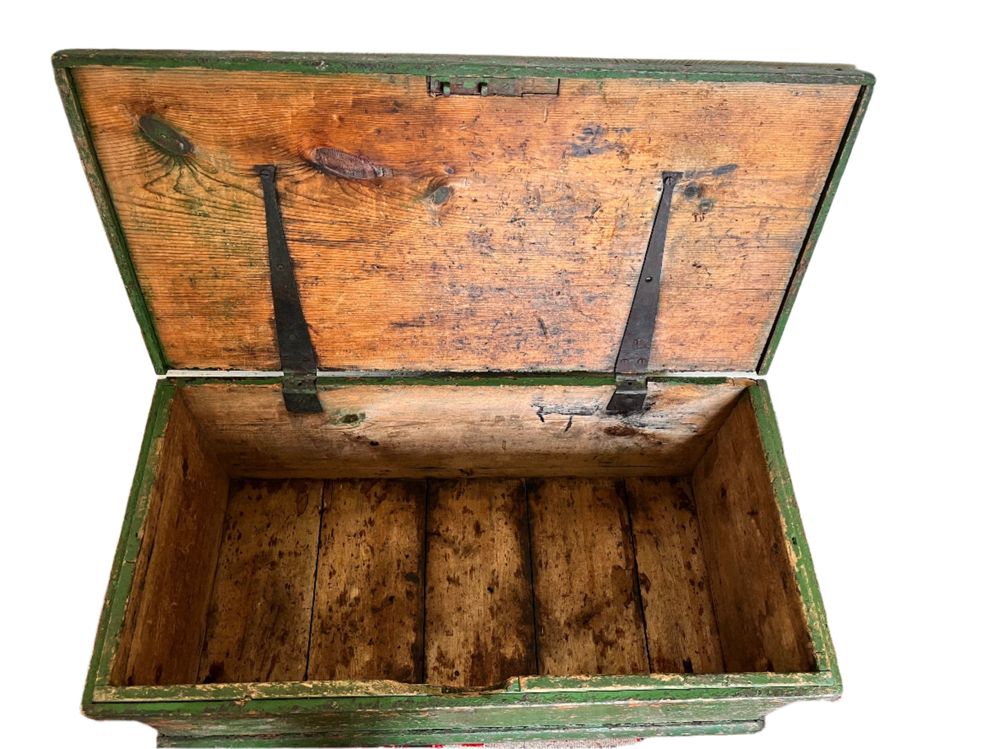Antique Pine Blanket Box with rustic green paint