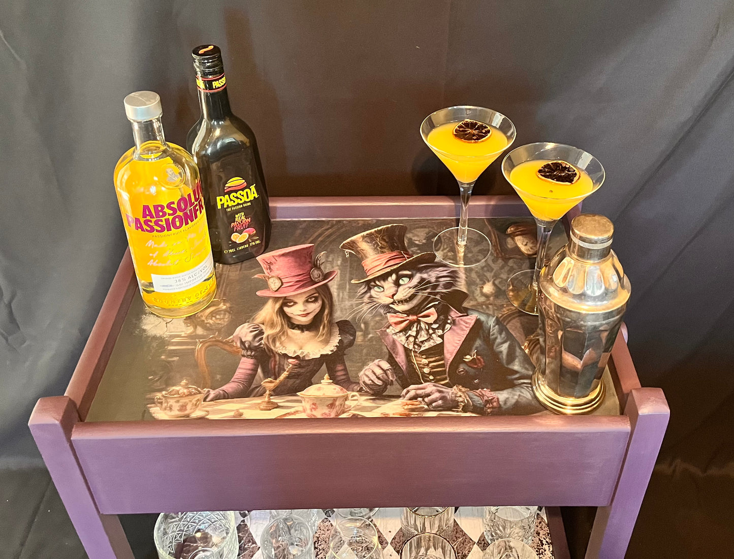 1930’s Antique Painted Oak Drinks/Tea Trolly in a whimsical Alice in wonderland style