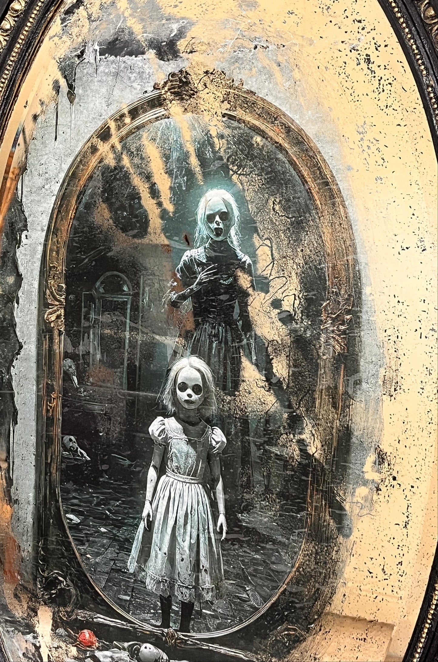 Gothic style mirror with ghostly reverse decoupage