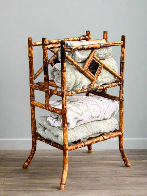 Vintage Bamboo Magazine Rack with Japanesque Lacquer Finish, early 1900's unique towel rack