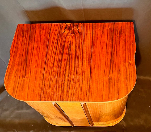 Mid Century Bow Fronted 'Sureline' Cocktail Drinks Cabinet In Walnut By George Serlin With Tambour Sliding Doors On Splayed Atomic Legs