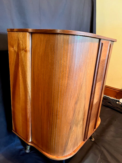 Mid Century Bow Fronted 'Sureline' Cocktail Drinks Cabinet In Walnut By George Serlin With Tambour Sliding Doors On Splayed Atomic Legs