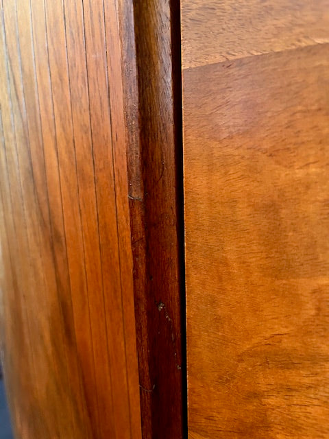 Mid Century Bow Fronted 'Sureline' Cocktail Drinks Cabinet In Walnut By George Serlin With Tambour Sliding Doors On Splayed Atomic Legs