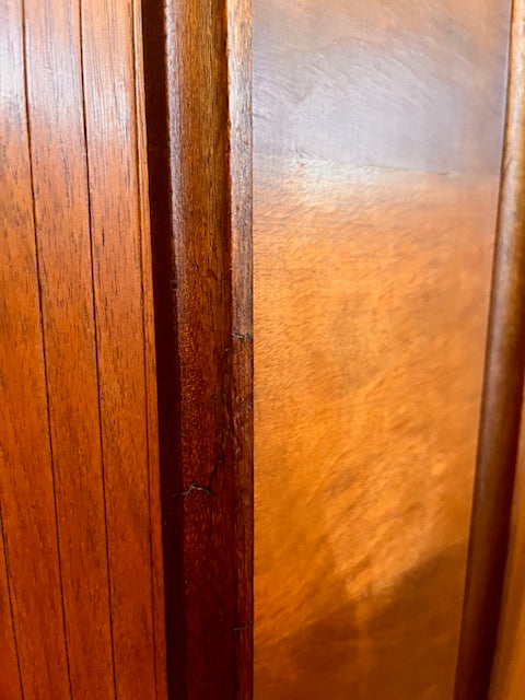 Mid Century Bow Fronted 'Sureline' Cocktail Drinks Cabinet In Walnut By George Serlin With Tambour Sliding Doors On Splayed Atomic Legs