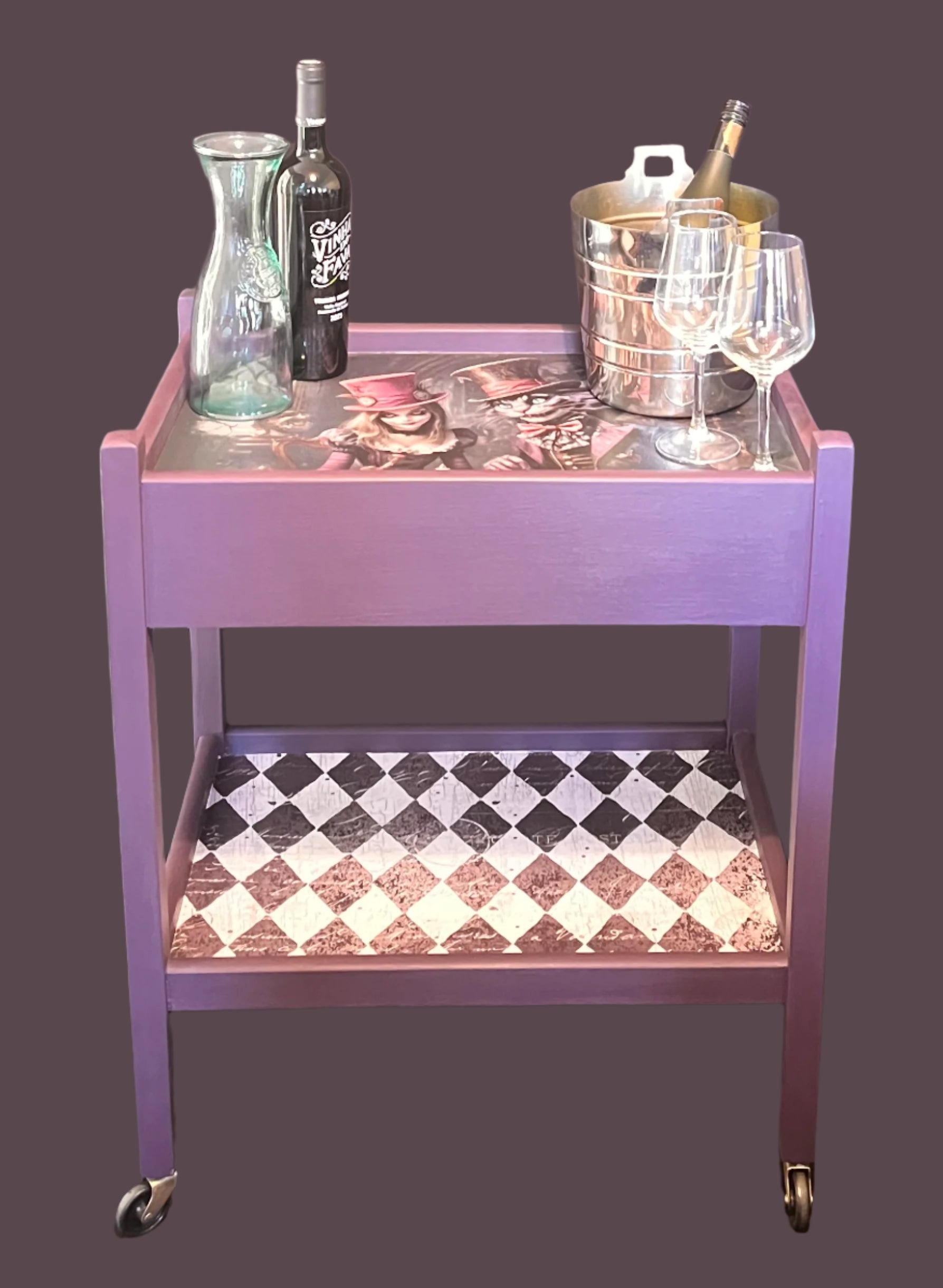 1930’s Antique Painted Oak Drinks/Tea Trolly in a whimsical Alice in wonderland style
