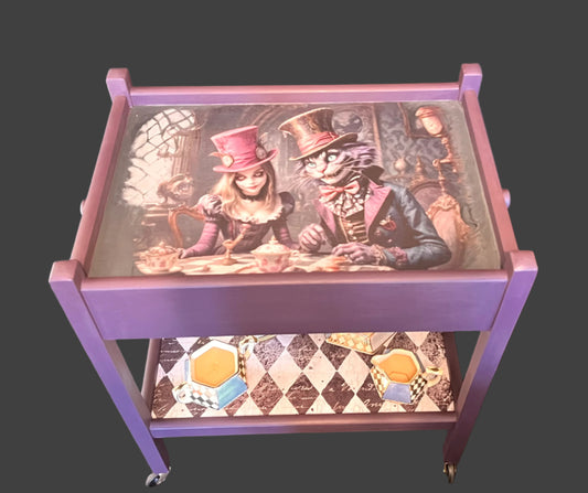 1930’s Antique Painted Oak Drinks/Tea Trolly in a whimsical Alice in wonderland style