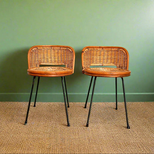 A pair of Vintage Mid Century Circular Franco Albini Style Bamboo Rattan Chair on Metal Frame Legs