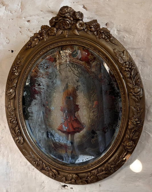 Alice in Wonderland Mirror with ornate gold frame