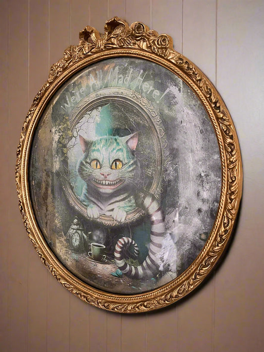 Antique Gold framed mirror with Alice in Wonderland Cheshire Cat decoupage