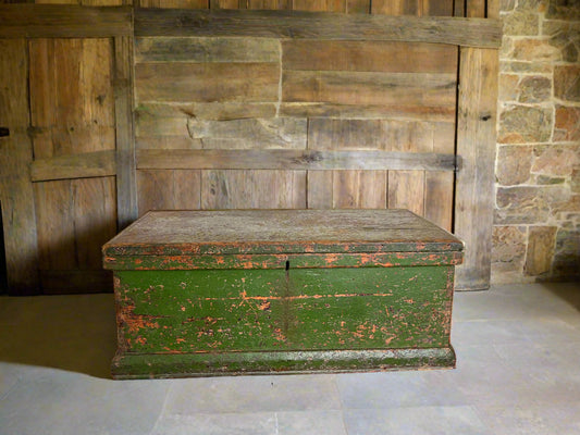 Antique Pine Blanket Box with rustic green paint