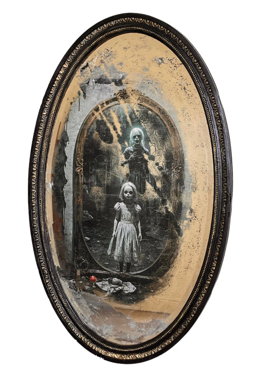Black frame mirror with ghostly decoupage