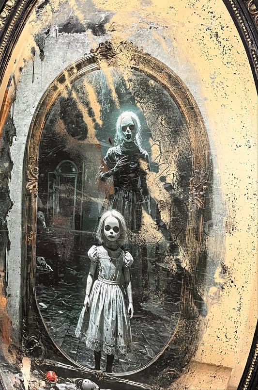 Gothic style mirror with ghostly reverse decoupage