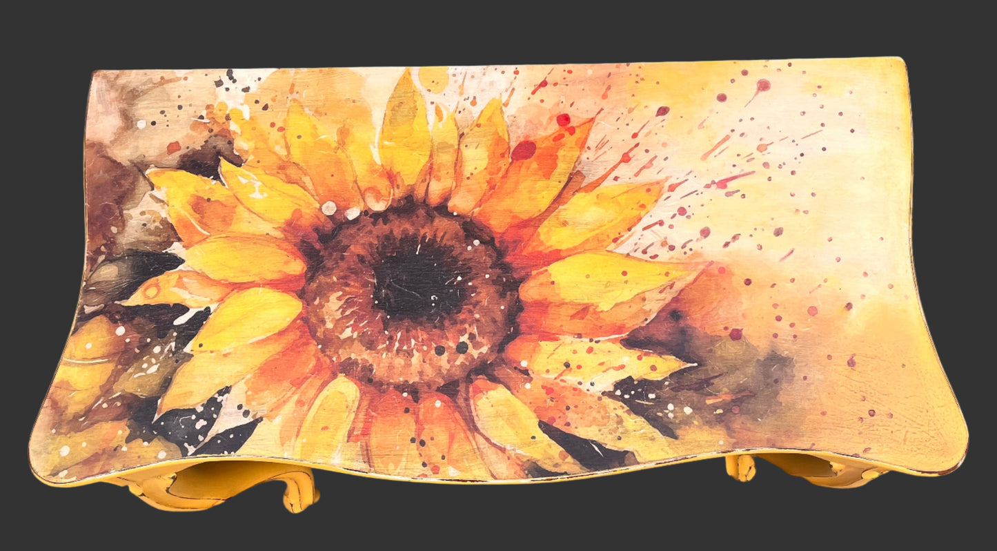 Antique Yellow Console Table with Cabriole Legs and Sunflower Top