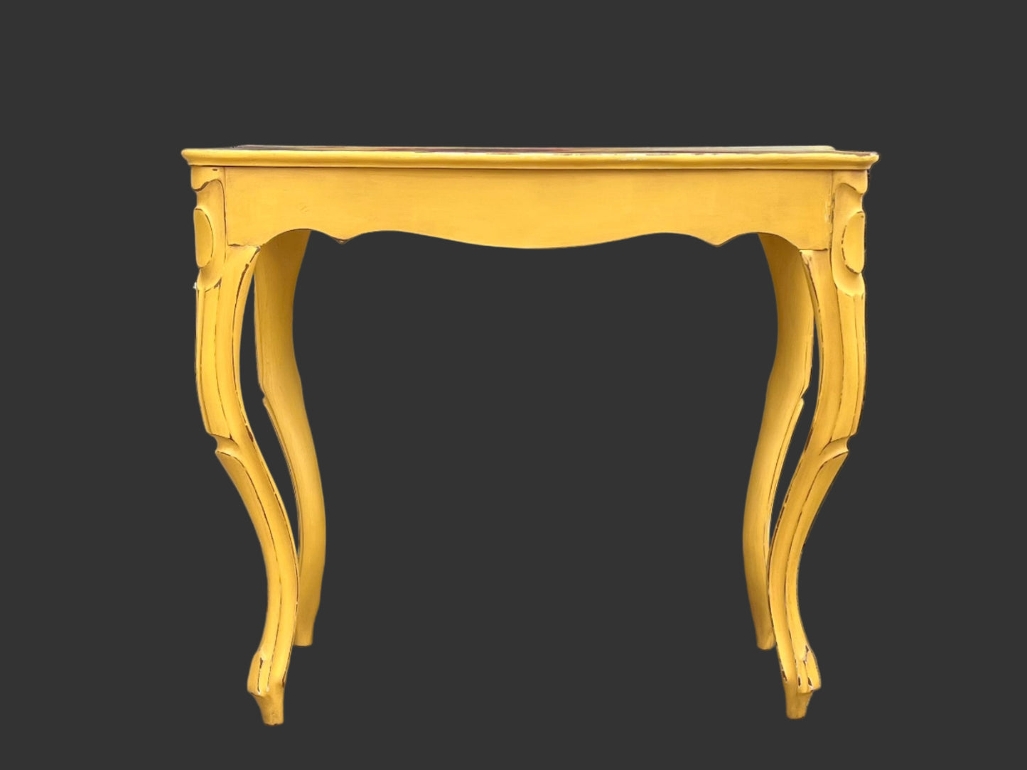 Antique Yellow Console Table with Cabriole Legs and Sunflower Top