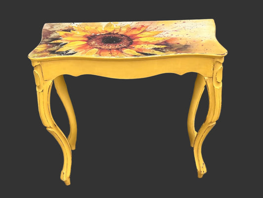 Antique Yellow Console Table with Cabriole Legs and Sunflower Top
