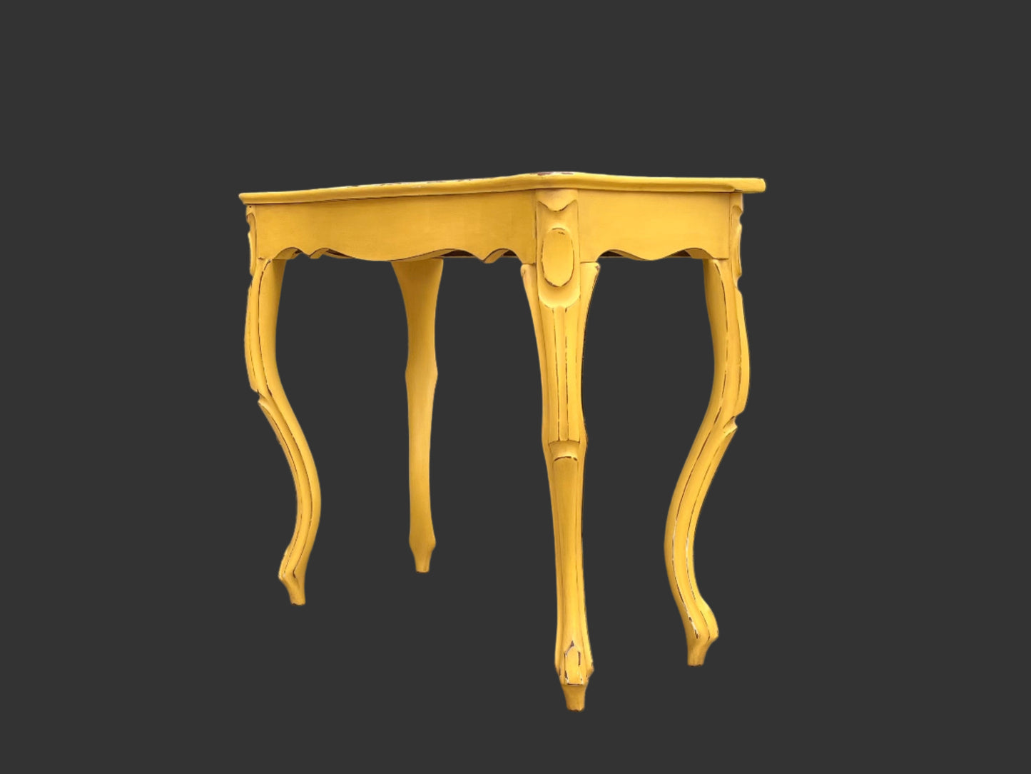 Antique Yellow Console Table with Cabriole Legs and Sunflower Top