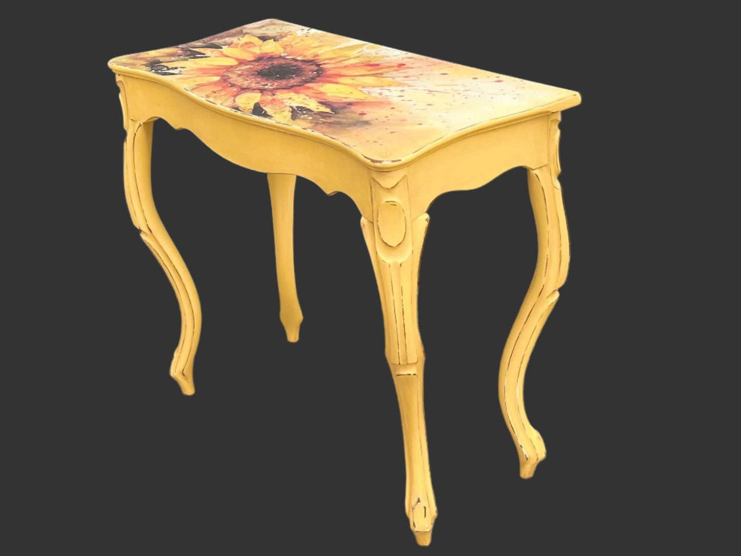 Antique Yellow Console Table with Cabriole Legs and Sunflower Top