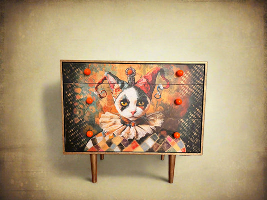 Mid-Century Decoupage Drawers with Jester cat image and orange knobs
