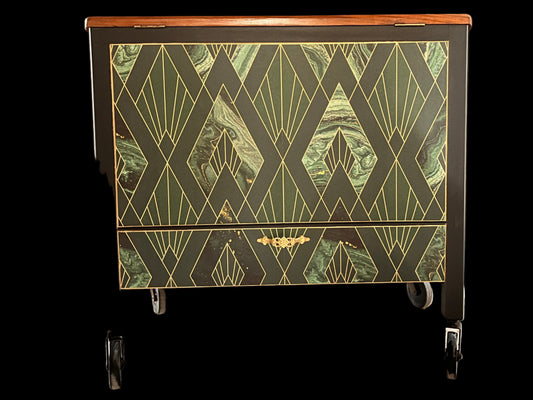 Decorative cabinet with geometric pattern on a black background