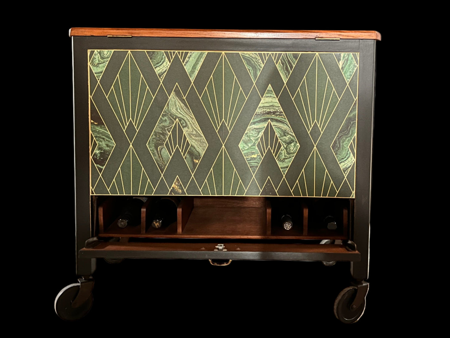 Vintage-style cabinet with geometric patterned door against a black backdrop