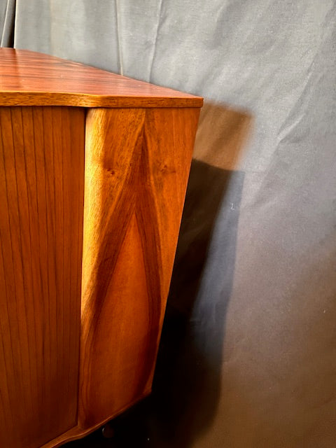 Mid Century Bow Fronted 'Sureline' Cocktail Drinks Cabinet In Walnut By George Serlin With Tambour Sliding Doors On Splayed Atomic Legs